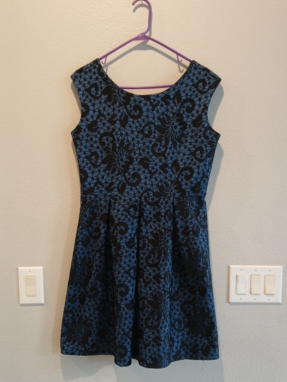Tiana B. 10 Blue and Black Lace-Pattern Skater Dress A Line Office